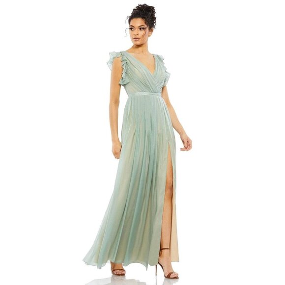 NWT Mac Duggal Green Flowy V Neck Ruffled Cap Sleeve Gown Sage 8 - Picture 1 of 8